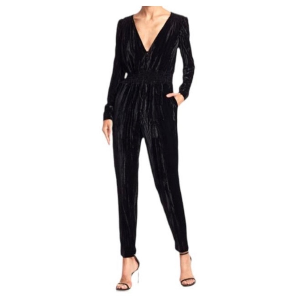 ML Monique Lhuillier Black Soft Velvet Tapered Jumpsuit Size 10 VGUC Pockets